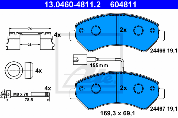 Колодки гальмівні (передні) Citroen Jumper/Fiat Ducato/Peugeot Boxer 2.0-3.0HDi 06- R16 (з датчиком) BOSCH арт. 13.0460-4811.2