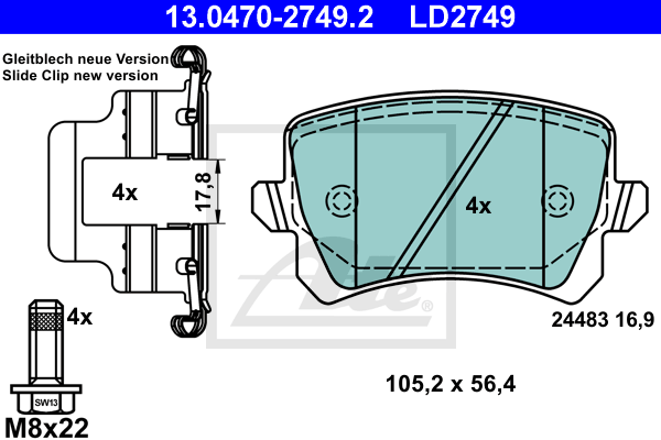 Тормозные колодки задние дисковые VAG арт. 13.0470-2749.2