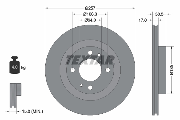 Диск гальмівний (передній) Citroen C-Zero/Peugeot ION Electric 09- (257x17) PRO BREMBO арт. 92282503