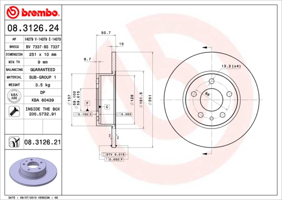 Тормозной диск BREMBO арт. 08.3126.21
