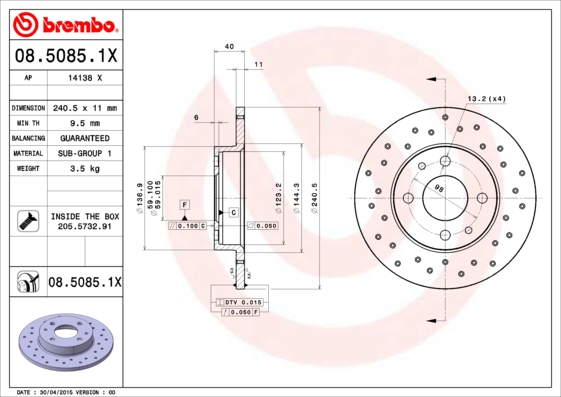 Тормозной диск FERODO арт. 08.5085.1X