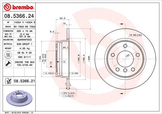 Тормозной диск BREMBO арт. 08.5366.21