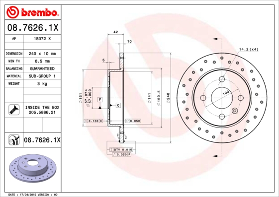Тормозной диск BREMBO 08.7626.1X