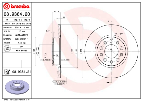 Тормозной диск BREMBO арт. 08.9364.21