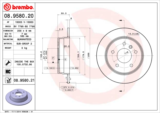 Тормозной диск BREMBO 08.9580.20