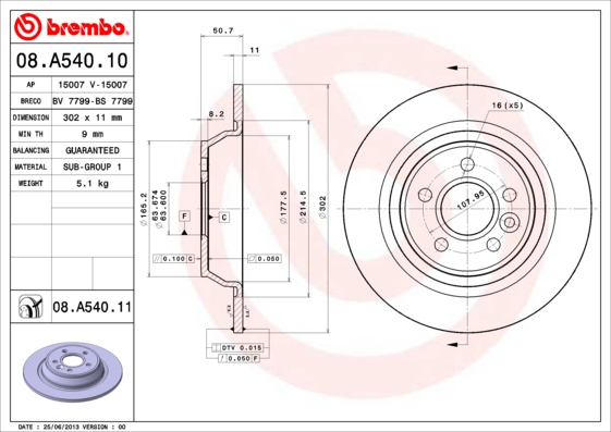 Тормозной диск A.B.S. арт. 08.A540.11