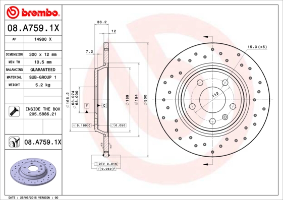 Тормозной диск FERODO арт. 08.A759.1X