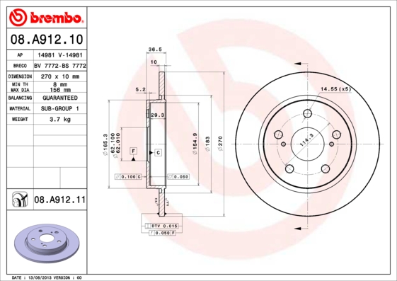 Тормозной диск задний FERODO арт. 08.A912.10