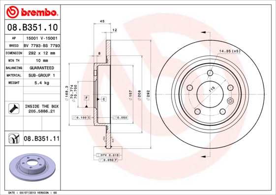 Тормозной диск задний BLUE PRINT арт. 08.B351.11