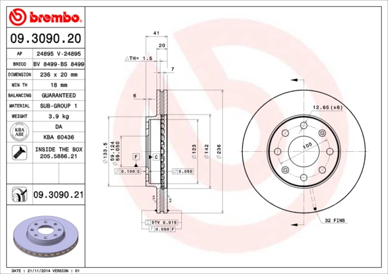 Тормозной диск передний FERODO арт. 09.3090.20