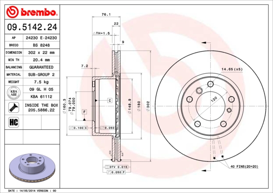 Тормозной диск BREMBO арт. 09.5142.24
