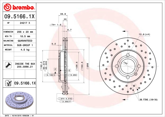 Тормозной диск BREMBO арт. 09.5166.1X