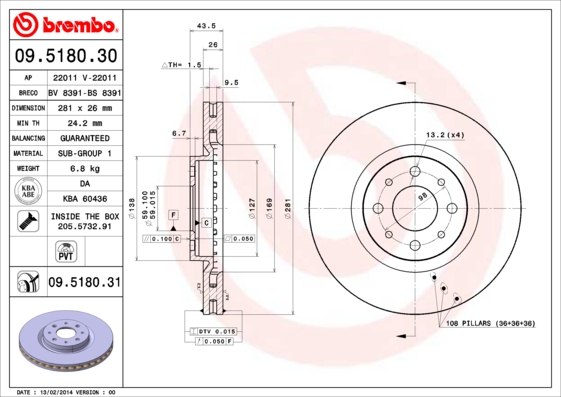 Тормозной диск FERODO арт. 09.5180.31