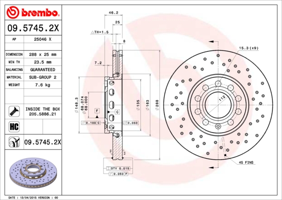 Тормозной диск BREMBO арт. 09.5745.2X