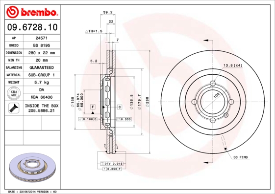 Тормозной диск BREMBO арт. 09.6728.10