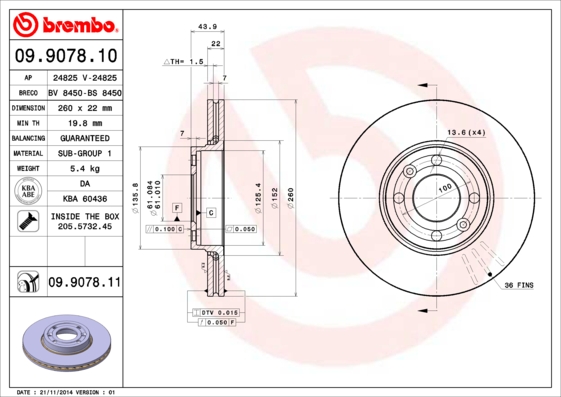 Тормозной диск передний BREMBO арт. 09.9078.11