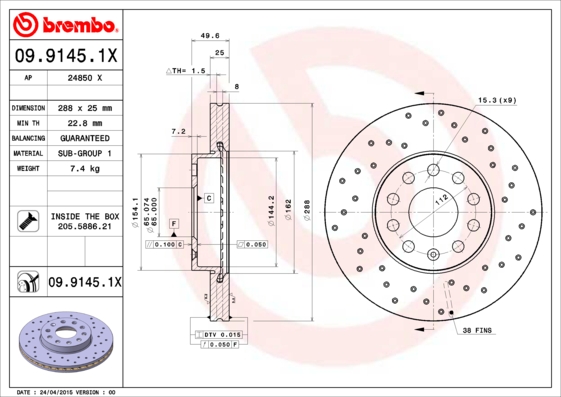 Тормозной диск BREMBO арт. 09.9145.1X