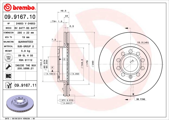 Тормозной диск BREMBO арт. 09.9167.11
