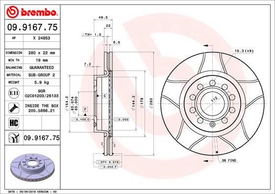 Тормозной диск BREMBO арт. 09.9167.75