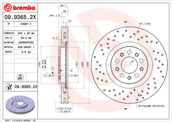 Тормозной диск BREMBO арт. 09.9365.2X