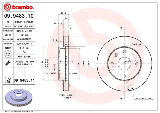 Тормозной диск передний FERODO арт. 09.9483.11
