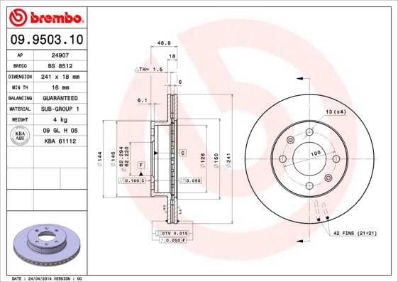 Тормозной диск BLUE PRINT арт. 09.9503.10