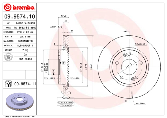 Тормозной диск FERODO арт. 09.9574.10
