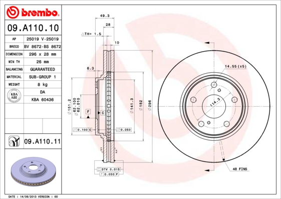 Тормозной диск BOSCH арт. 09.A110.11