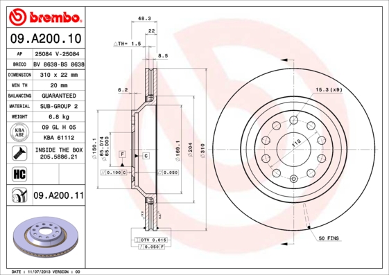 Тормозной диск FERODO арт. 09.A200.11