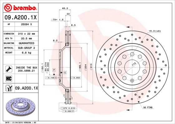 Тормозной диск A.B.S. арт. 09.A200.1X
