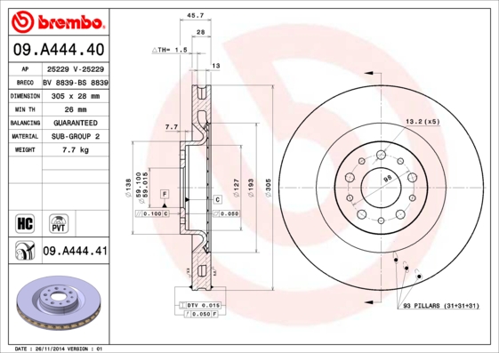 Тормозной диск FERODO арт. 09.A444.41