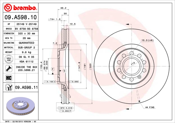 Тормозной диск FERODO арт. 09.A598.11