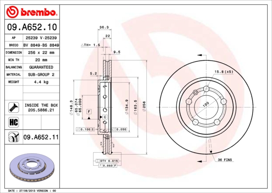 Тормозной диск BOSCH арт. 09.A652.11