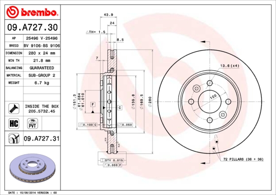 Тормозной диск FERODO арт. 09.A727.31