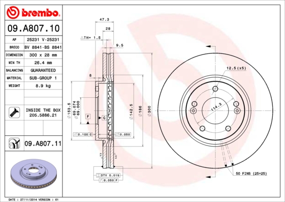 Тормозной диск KAVO PARTS арт. 09.A807.11