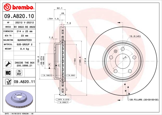 Тормозной диск BOSCH арт. 09.A820.11