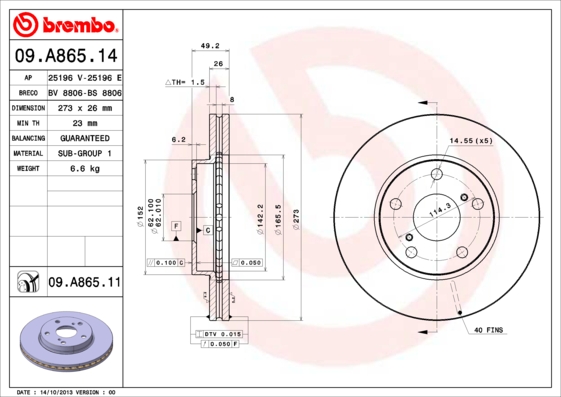 Тормозной диск FERODO арт. 09.A865.11