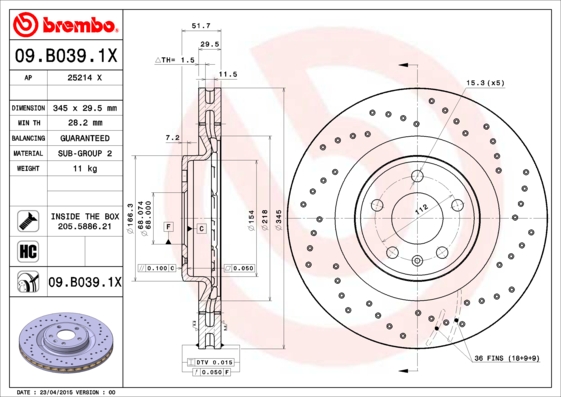 Тормозной диск BREMBO арт. 09.B039.1X