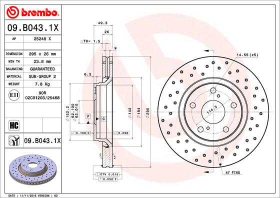 Тормозной диск FERODO арт. 09.B043.1X
