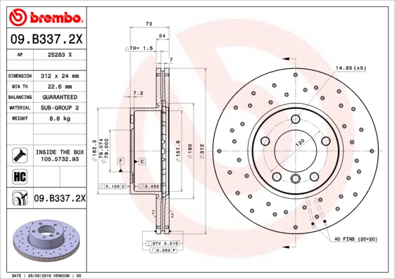 Тормозной диск CHAMPION арт. 09.B337.2X
