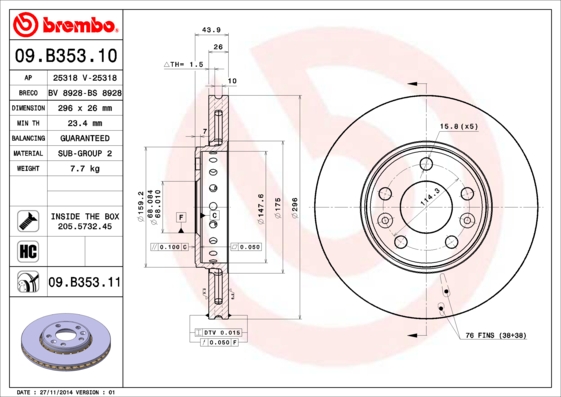 Тормозной диск FERODO арт. 09.B353.11