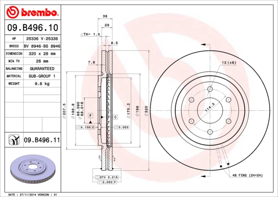 Гальмівний диск пер. Nissan Navara/ Pathfinder III 05-10 ATE арт. 09.B496.10