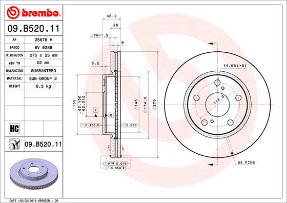 Гальмівний диск пер. HS/Prius/RAV 4 (05-21) BOSCH арт. 09.B520.11