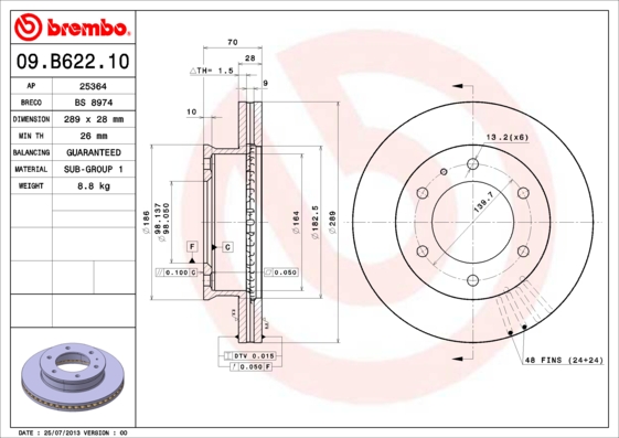 Тормозной диск FERODO арт. 09.B622.10