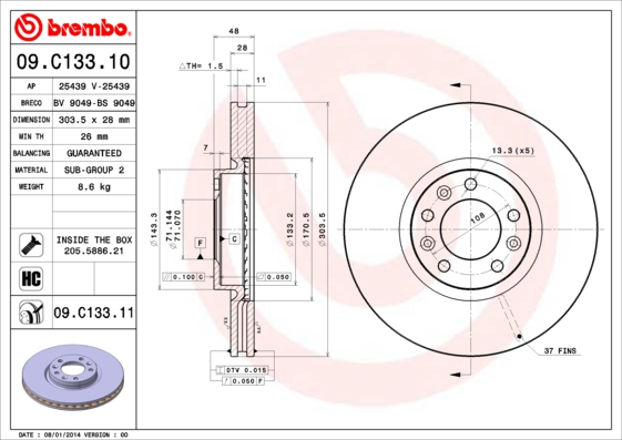Тормозной диск BOSCH арт. 09.C133.11