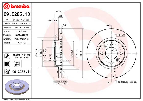 Тормозной диск передний BOSCH арт. 09.C285.11