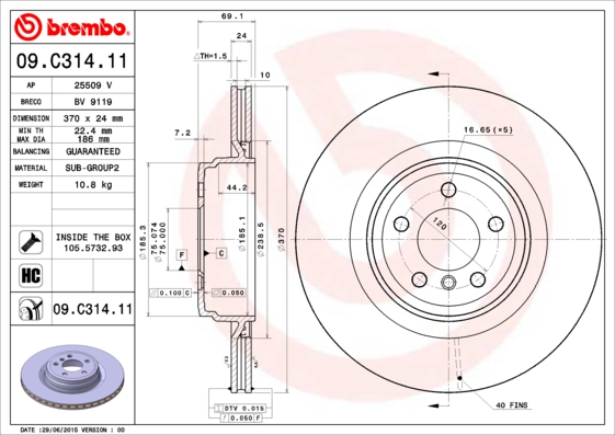 Тормозной диск BOSCH арт. 09.C314.11