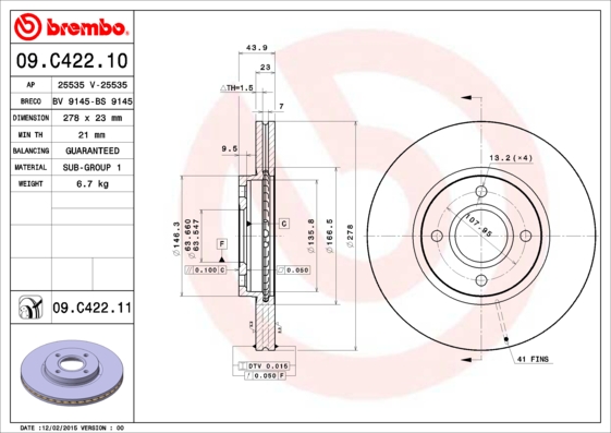 Тормозной диск FERODO арт. 09.C422.11