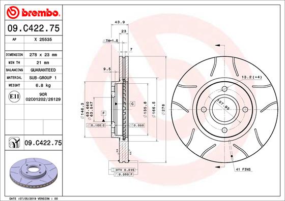 Тормозной диск FERODO арт. 09.C422.75
